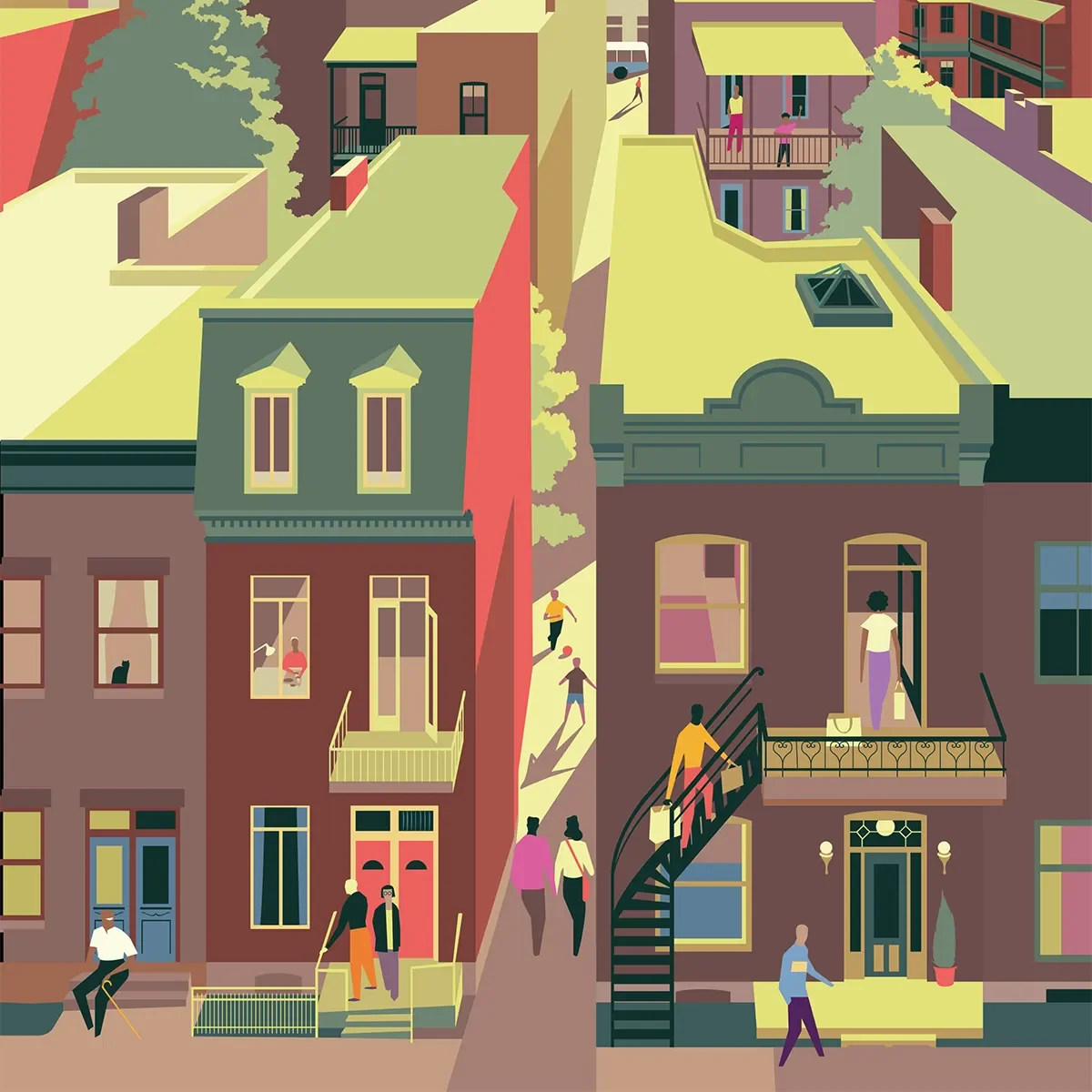 Illustration d’une rue Montréal avec des maisons colorées et des personnes marchant sur les trottoirs